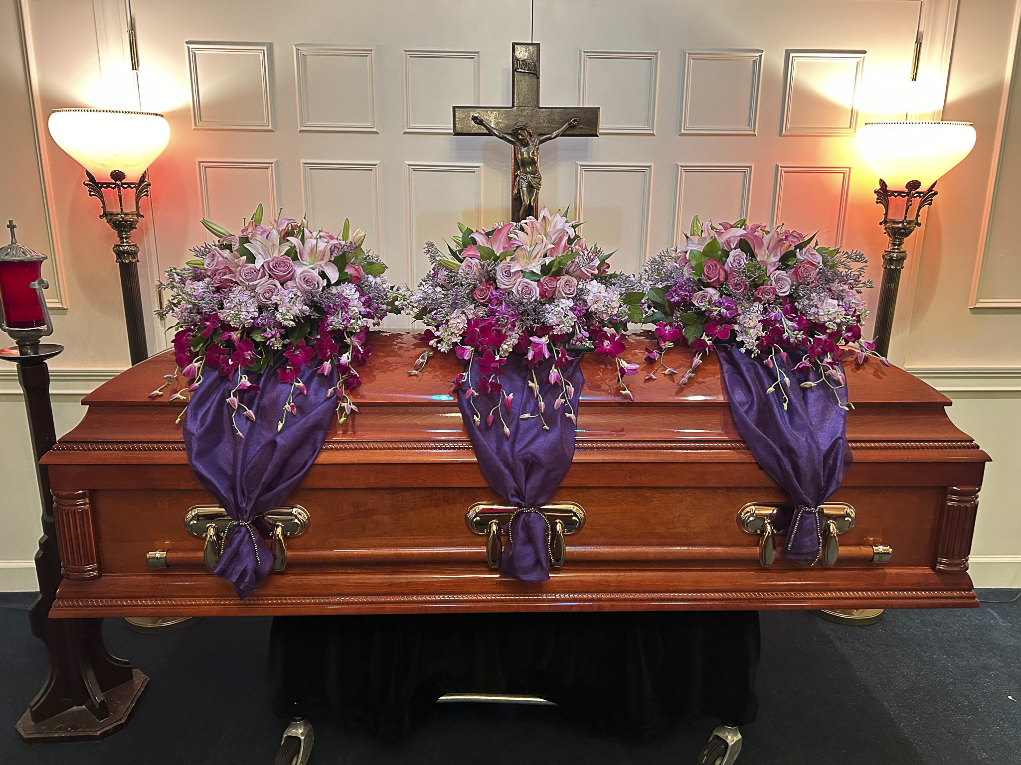 Royal Serenity Trio – Casket Spray (3-Part Purple with Drapery)